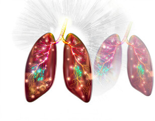 Colorful digital illustration of human lungs illuminated with vibrant, glowing lights and sparkles, depicting respiratory health and the complexity of lung anatomy in a striking, artistic style
