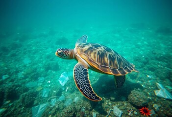 Plastic debris polluting ocean water, sea turtle entangled,  plastic island,  garbage