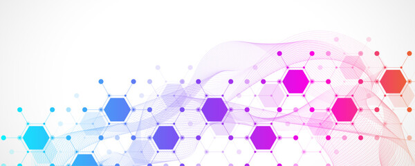 Molecular abstract structure and genetic engineering DNA. Healthcare and medicine background concept. Scientific research background. Wave flow. Innovation pattern. Vector illustration.