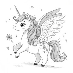 Cute Adorable Unicorn Pegasus Colouring Page – Cute Fantasy Line Art for Kids