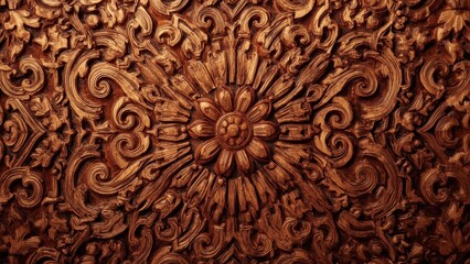 Texture of brown wood carving floral pattern ornate vintage decoration