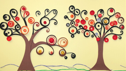 Decorative wall art featuring two stylized trees with swirling branches and colorful circular leaves in a whimsical design
