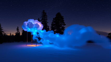 Nighttime Rocket Launch with Bright Blue Smoke and Stars in a Clear Sky