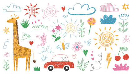 Cute Hand-Drawn Doodle Vector Set for Kids &ndash; Includes Sun, Dinosaur, Flower, Car, Cloud, Ant, Arrow, Thunderbolt, Cherry &ndash; Perfect for Fabric, Stickers, Icons

