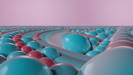 A surreal landscape featuring numerous large, glossy, spherical objects in shades of blue, pink, and purple arranged in an organized pattern under a pink sky, creating a futuristic and abstract scene