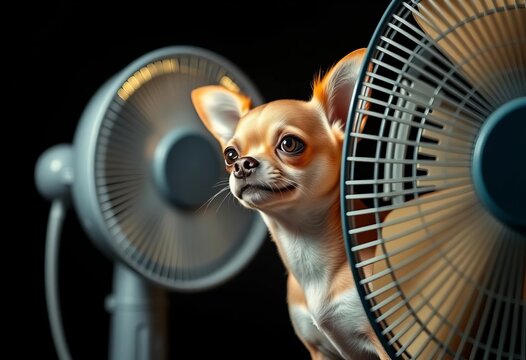 Tiny chihuahua enjoys cool breeze from fan, dark background,  stock photo,  animal