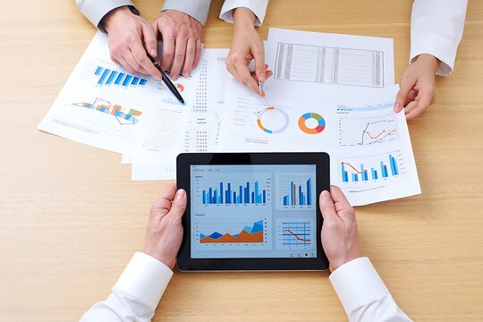 Business professionals collaborating over financial reports and a tablet displaying charts and graphs on a wooden desk emphasizing teamwork and data analysis
