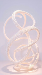 Elegant intertwined glass rings sculpture with delicate curves and soft pink hue, set against a clean white background, showcasing artistic craftsmanship and modern design elements.