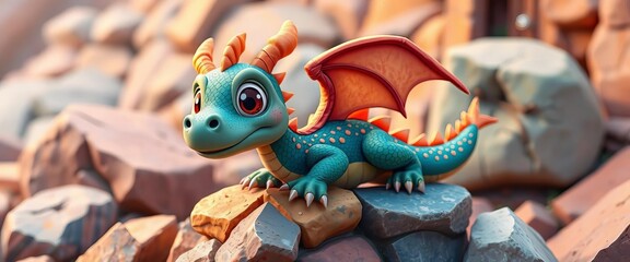 Vibrant cartoon dragon playfully perched on colorful rocks, big expressive eyes,   rock formation,  reptile