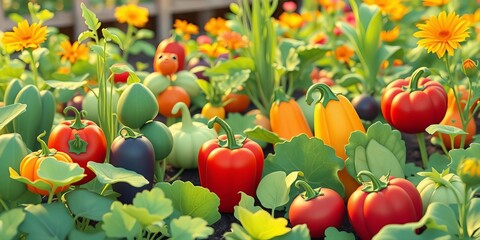 Vibrant cartoon vegetables in a flourishing organic garden,  vegetable garden illustration,  agriculture