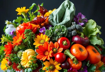 Vibrant garden vegetable bouquet, artistically arranged,  arrangement,  food photography
