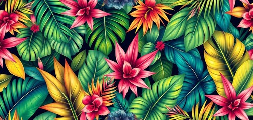 Vibrant seamless pattern of tropical palm leaves, lush summer floral design,  floral,  design