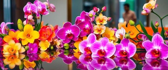 Vibrant spring blooms & orchids reflected in a mirror, colorful backdrop,  colorful still life,  details