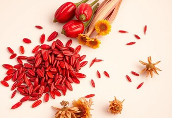 Vibrant red achiote seeds & dried flowers on bright backdrop,  photography,  background