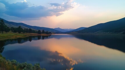 Fototapeta premium Serene landscape reflecting mountains and sky in calm water at dusk.