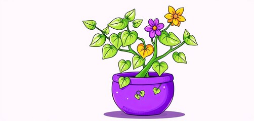 Whimsical cartoon vine in purple pot, hand-drawn style, playful, vibrant,  playful,  decorative