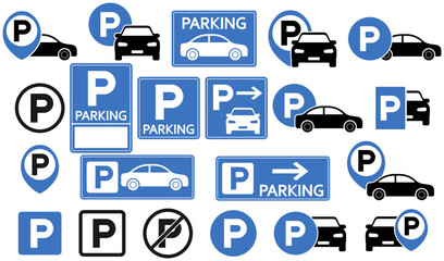 Big vector set of parking icons with cars, signs, and P symbols in blue and black, ideal for transport, navigation, and smart parking projects. Perfect for urban, automotive, and road signage visuals.