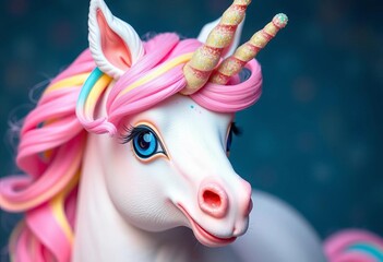 Whimsical pastel unicorn candy, sparkly eyes, vibrant mane & horn, background, mane