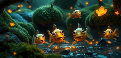 Whimsical fish with large eyes swim in a misty, moss-covered stream, surrounded by glowing flora,  flowing water,  vibrant