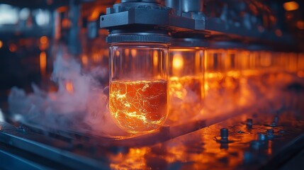 High-tech chemical reactor with glowing orange fluid, smoke and reflections in a lab.