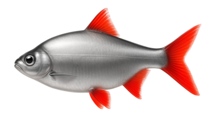 Roach showing flat, silvery body with red-tipped fins