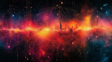 Abstract data cityscape with vivid orange and red lines representing global connections.