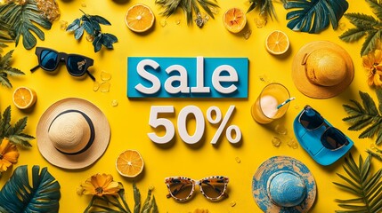 Bright summer sale banner with Sale 50 percent text, hats, sunglasses, citrus, and tropical leaves.