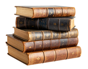 stack of old historical medieval books isolated on white or transparent png