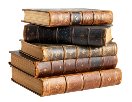 stack of old historical medieval books isolated on white or transparent png