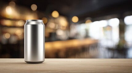 Blank Aluminum Beer Can on Table with Blurred Bar Interior and Warm Ambient Lighting.