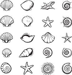 Vector EPS Illustrations of Seashells and Starfish in Stylized Black Silhouettes for Marine-Themed Decorative Design Projects