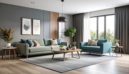 Modern Gray, sand and blue stylish studio aprtment with living room interior design.
