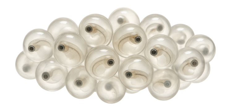 Clear, gelatinous fish egg cluster with tiny, developing larvae visible