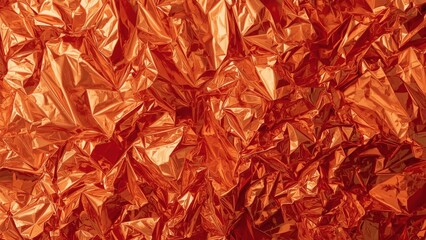 Fototapeta premium Texture of crumpled shiny metallic orange foil, vibrant reflective sur