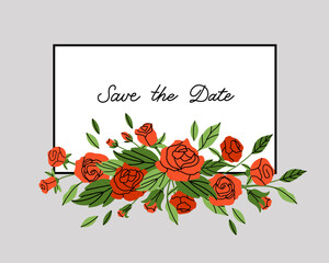 Rose square frame. Red flowers and green leaves. Decorative elements, spring summer elegant elements. Bouquet with blossom. Botanical decoration for poster. Vector cartoon flat isolated illustration