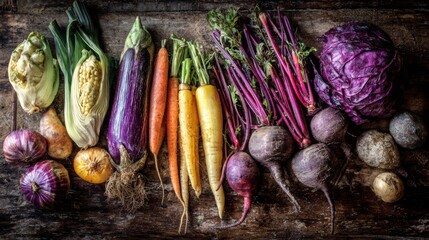 Colorful assortment of European non-green vegetables arranged on a rough wooden surface, captured in warm, natural farm light with organic textures