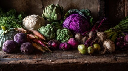 Colorful assortment of European non-green vegetables arranged on a rough wooden surface, captured in warm, natural farm light with organic textures