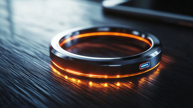 close-up of smart ring connected to phone, wearable Bluetooth technology concept, futuristic design