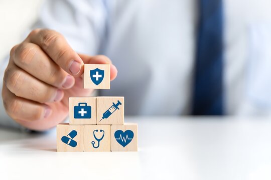 A person s hand places a wooden cube with a shield and cross symbol on top of a stack of cubes representing healthcare icons like a stethoscope syringe pills and heart