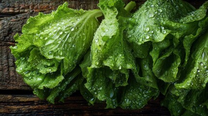 Crisp green lettuce leaves with morning dew on rough wooden background, emphasizing organic farm freshness and natural beauty