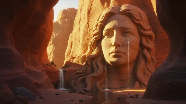 Giant stone sculpture of a woman in a canyon at sunset