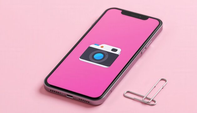 Modern Smartphone with Camera Icon Displayed on Pink Background and Paperclip Beside It