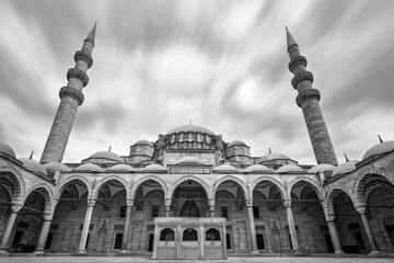 The magnificiant Suleymaniye Mosque, in Istanbul, turkey, with two minarets pointing skyward