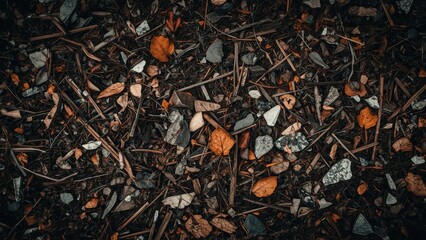 Texture of dark soil with dry leaves and twigs on forest ground autumn