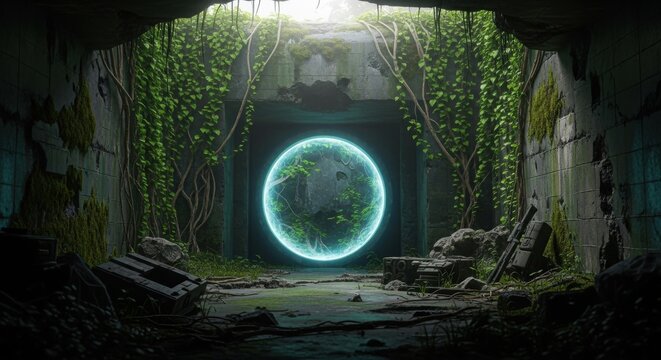 An ancient overgrown tunnel with a mystical glowing blue portal. Fantasy landscape with ruin and magic effect. Digital art for mystery game design.