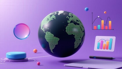 3D Illustration of Global Data Analysis with Charts, Graphs, and Colorful Elements on a Purple Background
