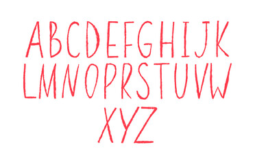 Doodle font. Scribble alphabet, hand drawn typescript. Wax crayon abc handwriting letters. English abstract text. Primitive design. Vector cartoon flat style isolated illustration