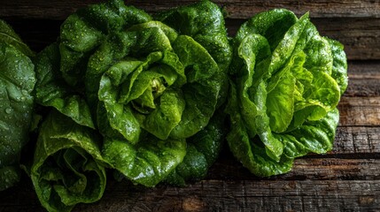 Crisp green lettuce leaves with morning dew on rough wooden background, emphasizing organic farm freshness and natural beauty