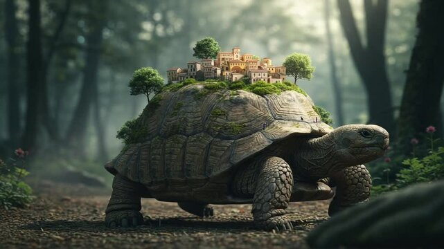 Giant tortoise carries miniature village on its back