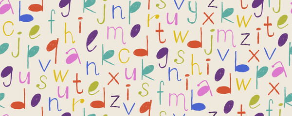Doodle letters seamless pattern. Scribble alphabet, hand drawn wax crayon abc handwriting letters. English abstract text. Textile, wrapping paper, wallpaper. Print for fabric. Vector background